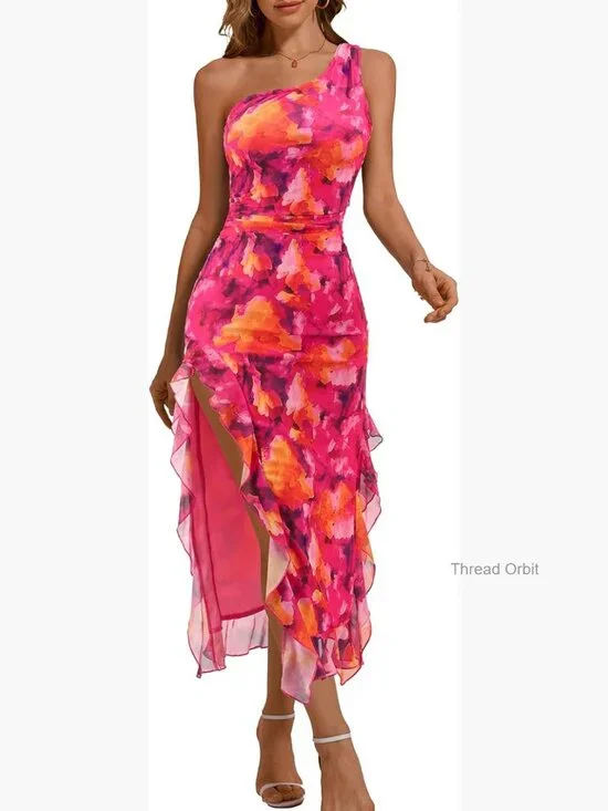 One Shoulder Mesh Ruched Bodycon Maxi Dress Formal Wedding Guest - Picture 1 of 7